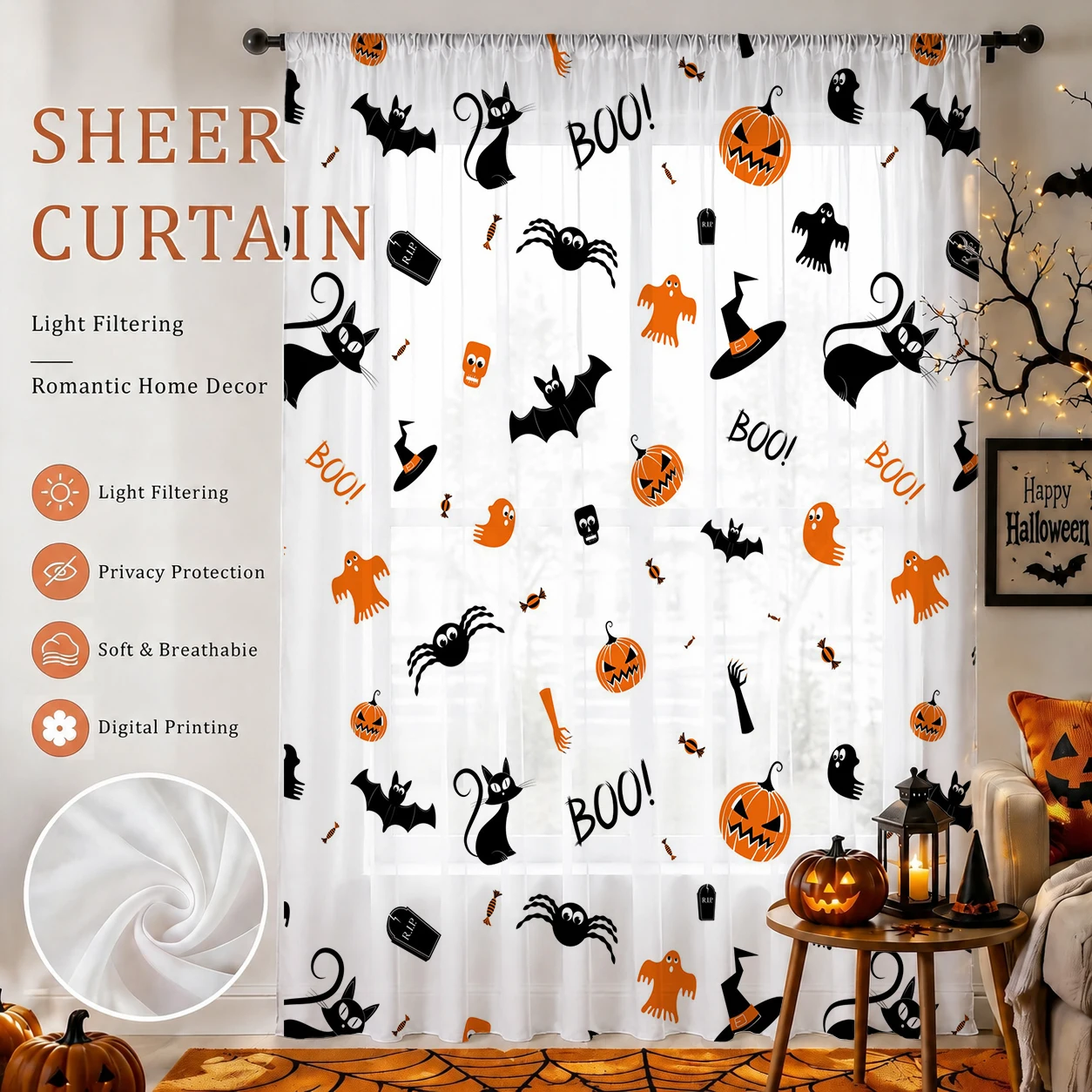 Curtain Sheer Voile - Прозрачная занавеска для Хэллоуина, высококачественная светопоглощающая