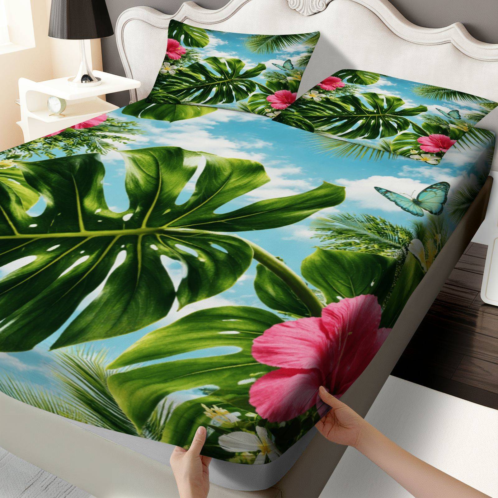 Fitted Sheet Deep - Комплект постельного белья с тропическим гибискусом,